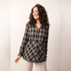 Habitat plaid tunic button front black and white stretch cotton Size M